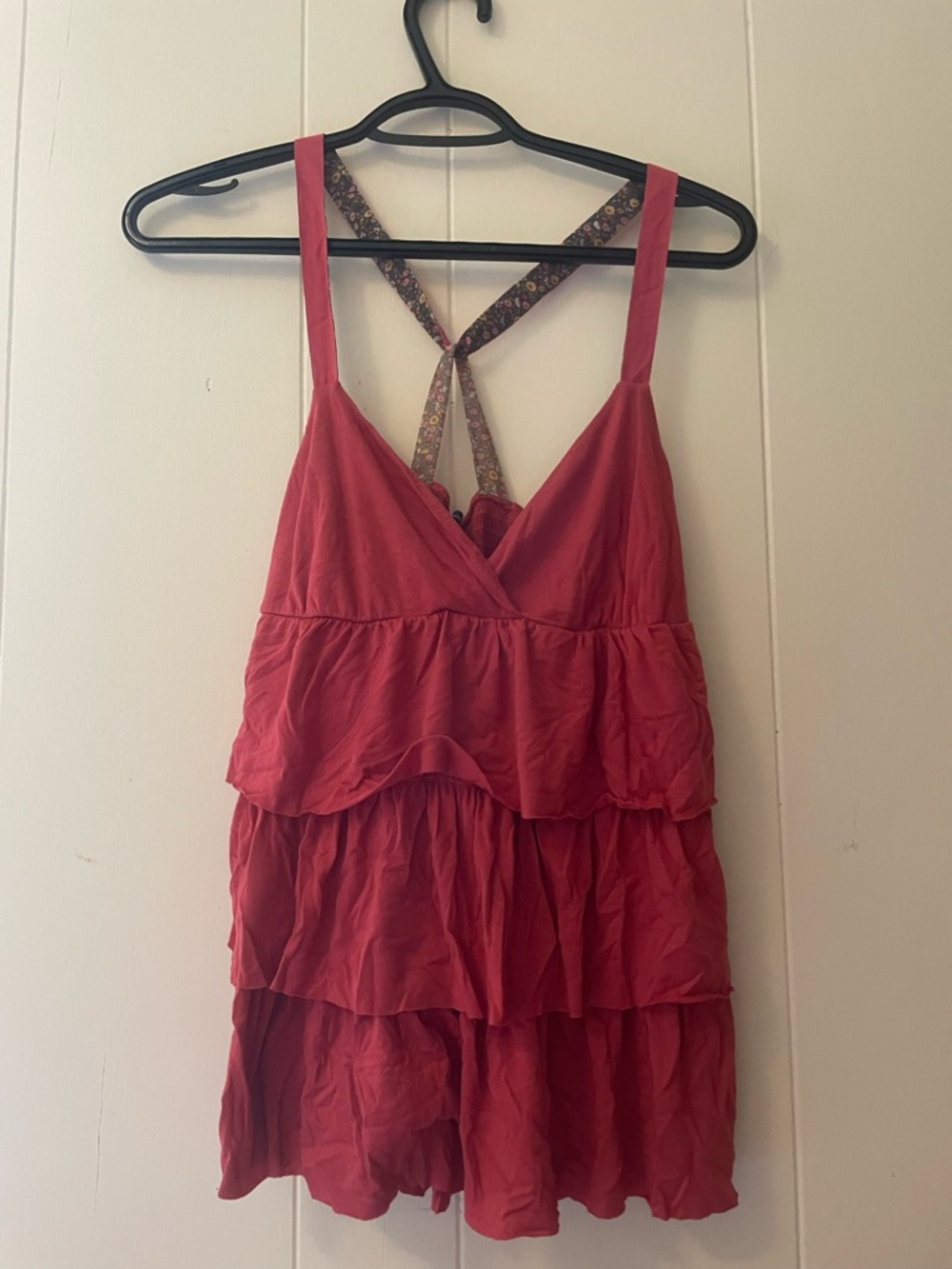 VINTAGE American Eagle Outfitters Red Tiered Tank Top with Floral Straps